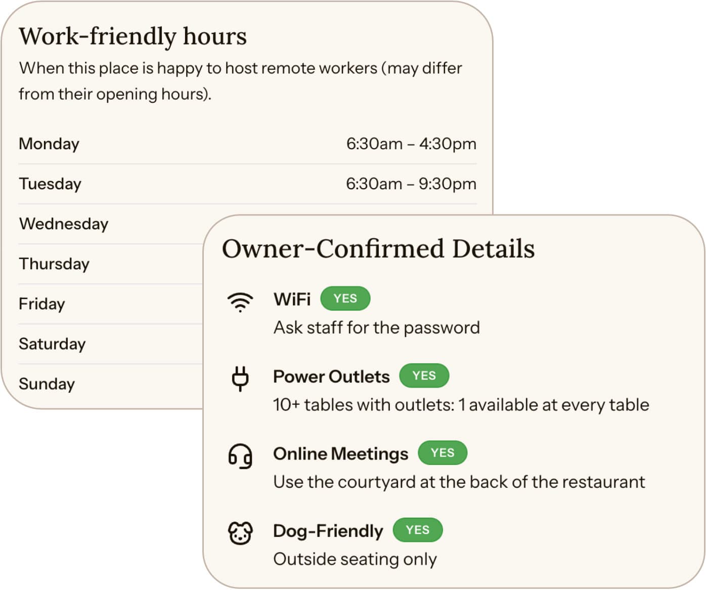 Screenshot examples of work-friendly hours and details from owners